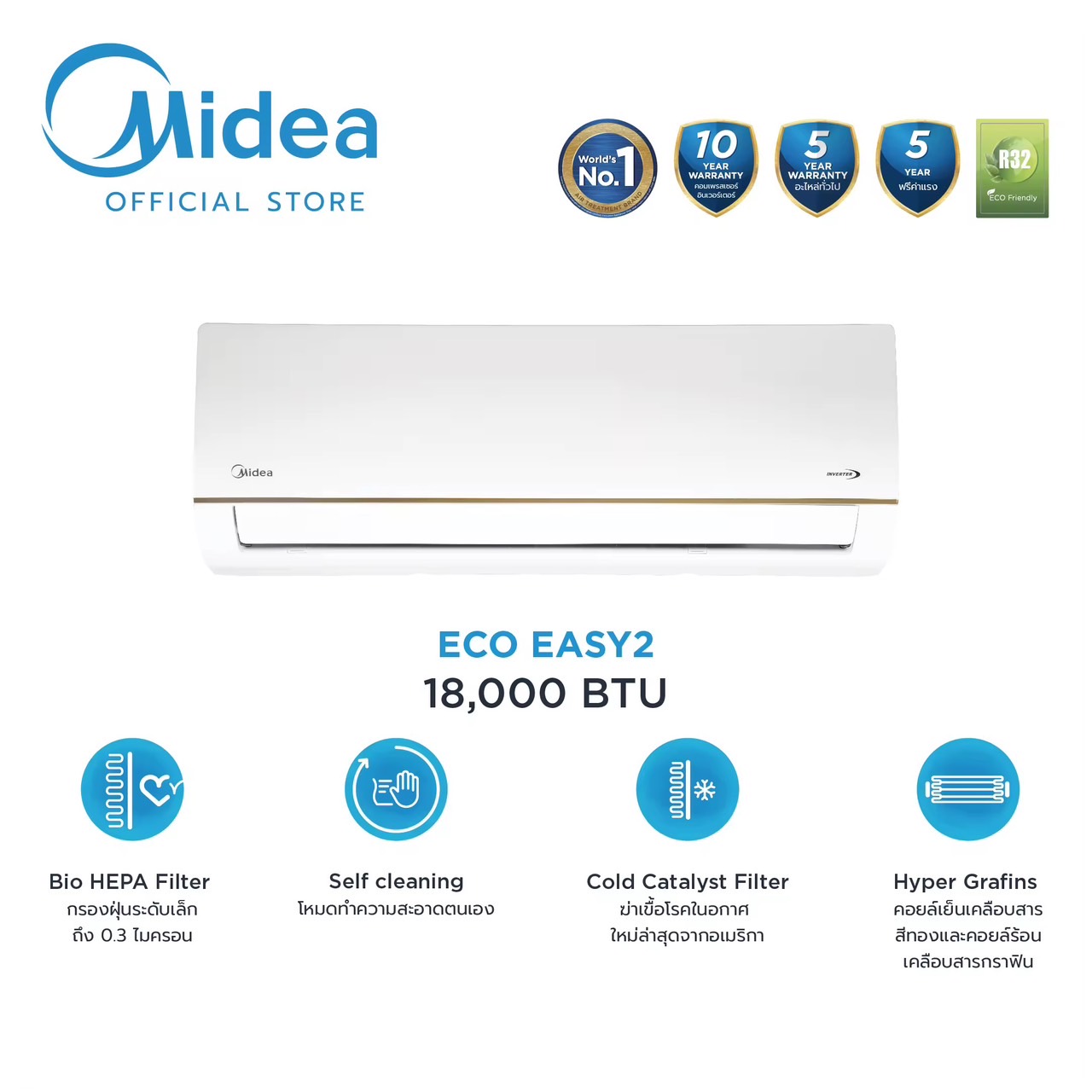 Midea แอร์ติดผนังไมเดีย อินเวอร์เตอร์  ECO EASY 2   ขนาด 9,000 / 12,000 / 18,000 / 22,000 BTU *รับประกันสินค้า 5 ปี / Compresser 7 ปี