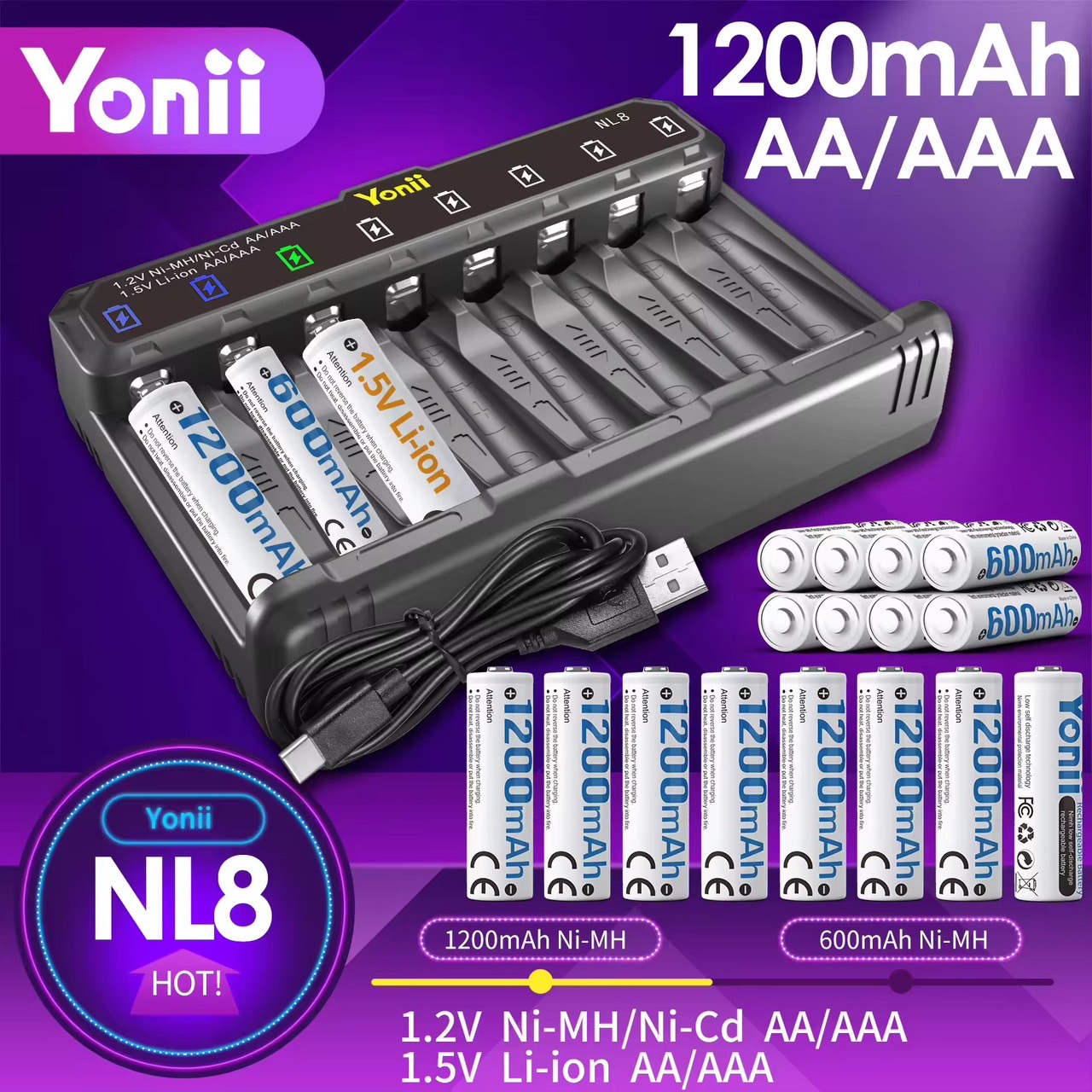 Yonii NL8 1.2V NiMH Ni-Cd AA/AAA 1.5V Li-ion เครื่องชาร์จถ่าน 8 ช่อง เครื่องชาร์จถ่าน ที่ชาร์จถ่าน อุปกรณ์ชาร์จถ่าน  Battery charger