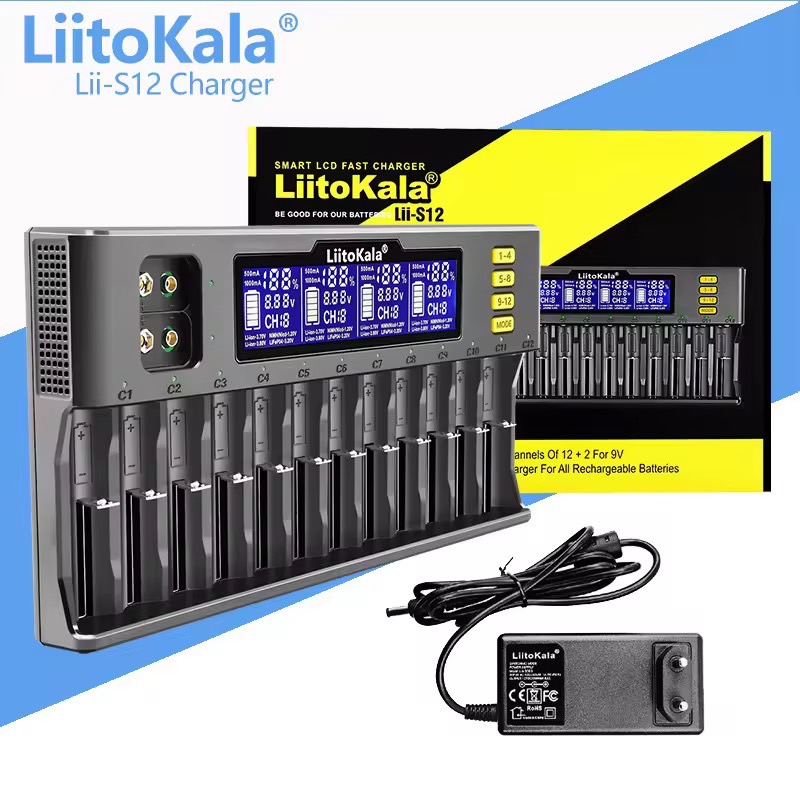 เครื่องชาร์จถ่าน LiitoKala Lii-S12  ชาร์จได้ 12 ก้อน รองรับ 26650，21700，20700, 18650, 18490, 18350 AA AAA - Battery Charger（ของแท้100%)