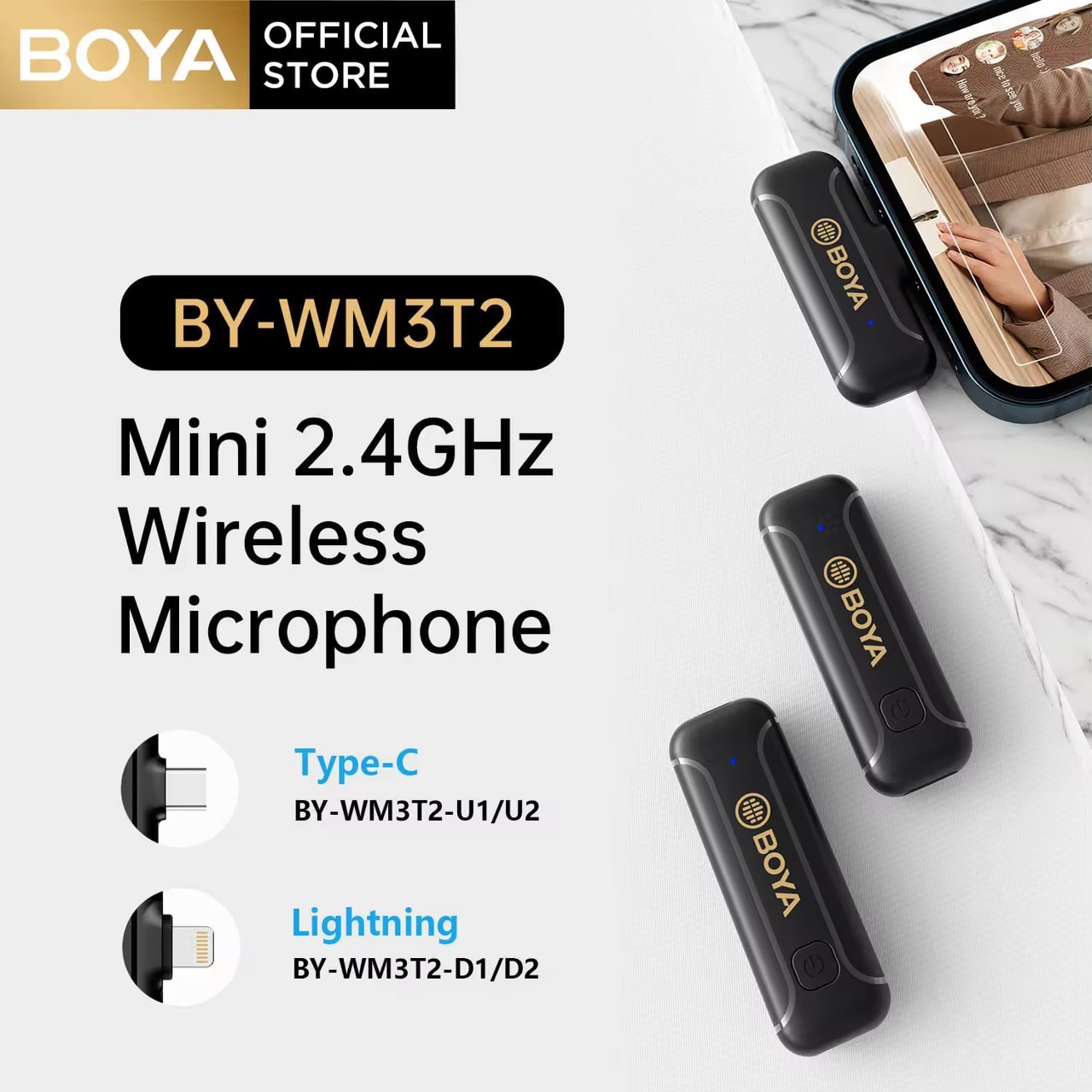 BOYA BY WM3T2ไมโครโฟนลาวาเลียร์ไร้สายขนาดเล็ก2.4GHz,ไมค์ลดเสียงรบกวนพร้อมมาตรฐาน MFi สำหรับการบันทึกวิดีโอ iPhone iPad,TikTok Facebook Live อบไอน้ำ,Youหัว,Vloggers,สัมภาษณ์ (BY-WM3T2-D1/D2)