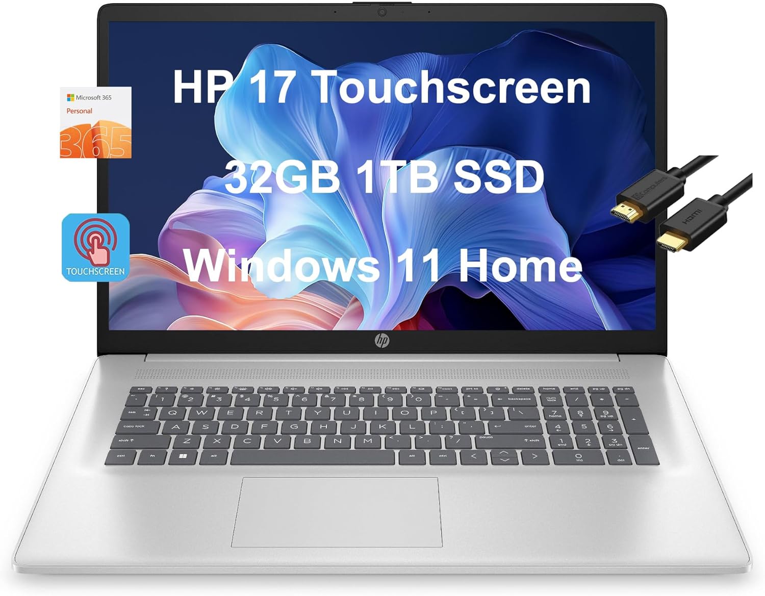 HP 17 Laptop (17.3" HD+ Touchscreen, Intel Pentium N5030, 32GB RAM, 1TB SSD, UHD Graphics), 1-Year Office 365, Long Battery Life, Webcam, Numpad, IST HDMI, Win 11 Home, Silver