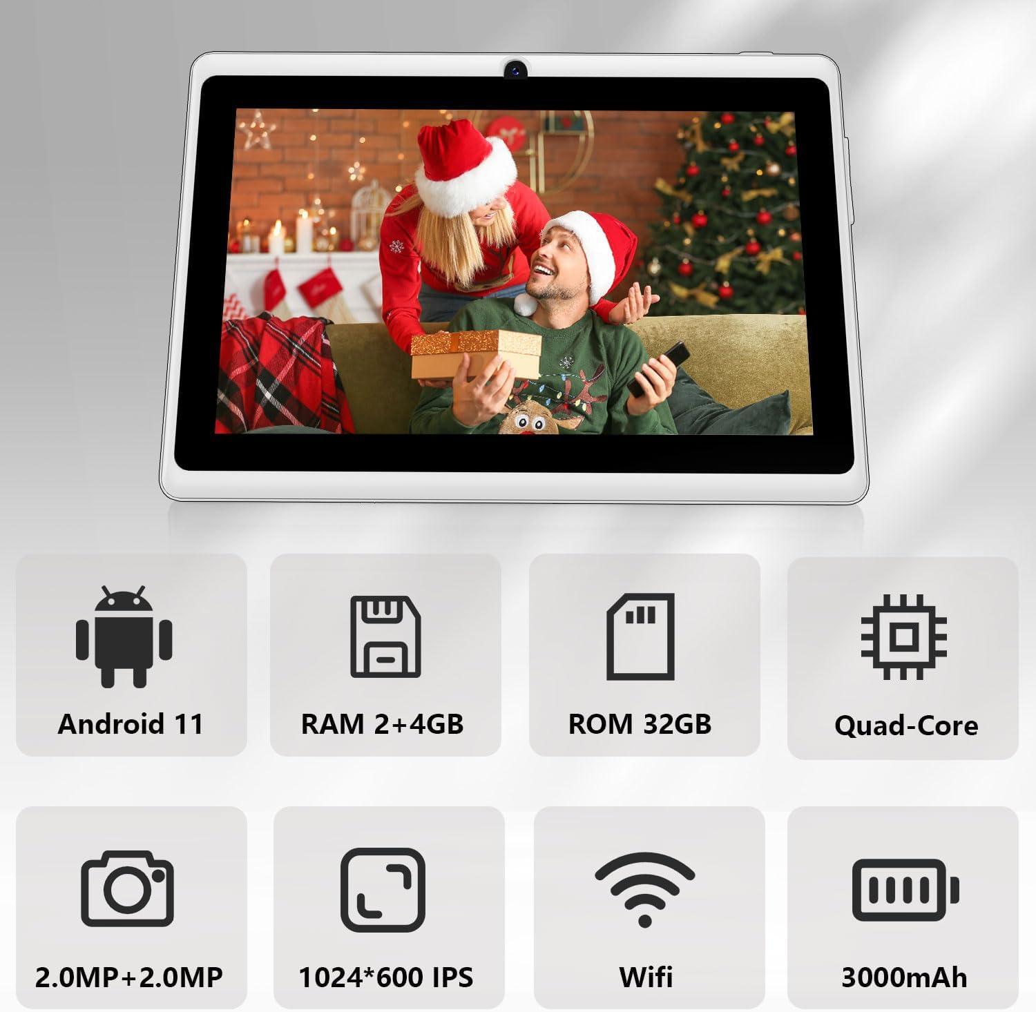 Android Tablet 7 Inch, Android 11 Tablet, 2+4GB RAM 32GB ROM, Quad-Core Processor, Dual Camera, WiFi, 3.5mm Earphone Jack, FM Bluetooth, 128GB Expand, GMS Certified Tablet - White 