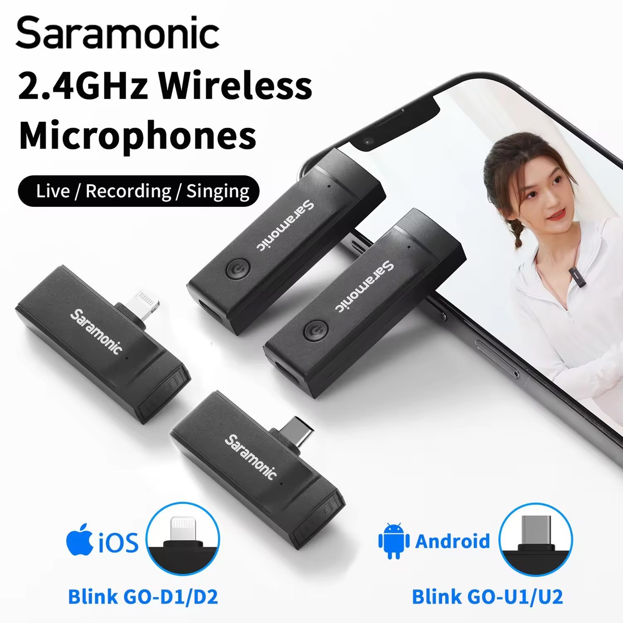 Saramonic Blink Go Plug-Play Professional Wireless Lavalier Lapel Microphone With Noise Cancellation For Android iPhone iPad Phone Tablets Video Recording, YouTube, TikTok, Facebook Live Stream