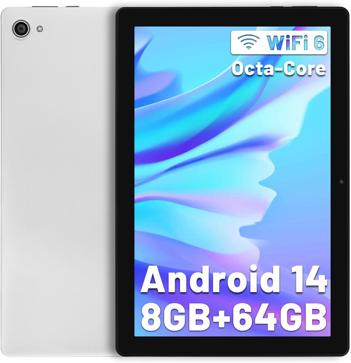 Android 14 Tablet 10 Inch Tablet Octa-Core 8GB+64GB(TF 1TB), Android Tablet 1280x800 HD IPS Tablet Wi-Fi 6 Model/Widevine L1/5000mAh/Dual Camera/Face ID Tablet PC 2024 - White 