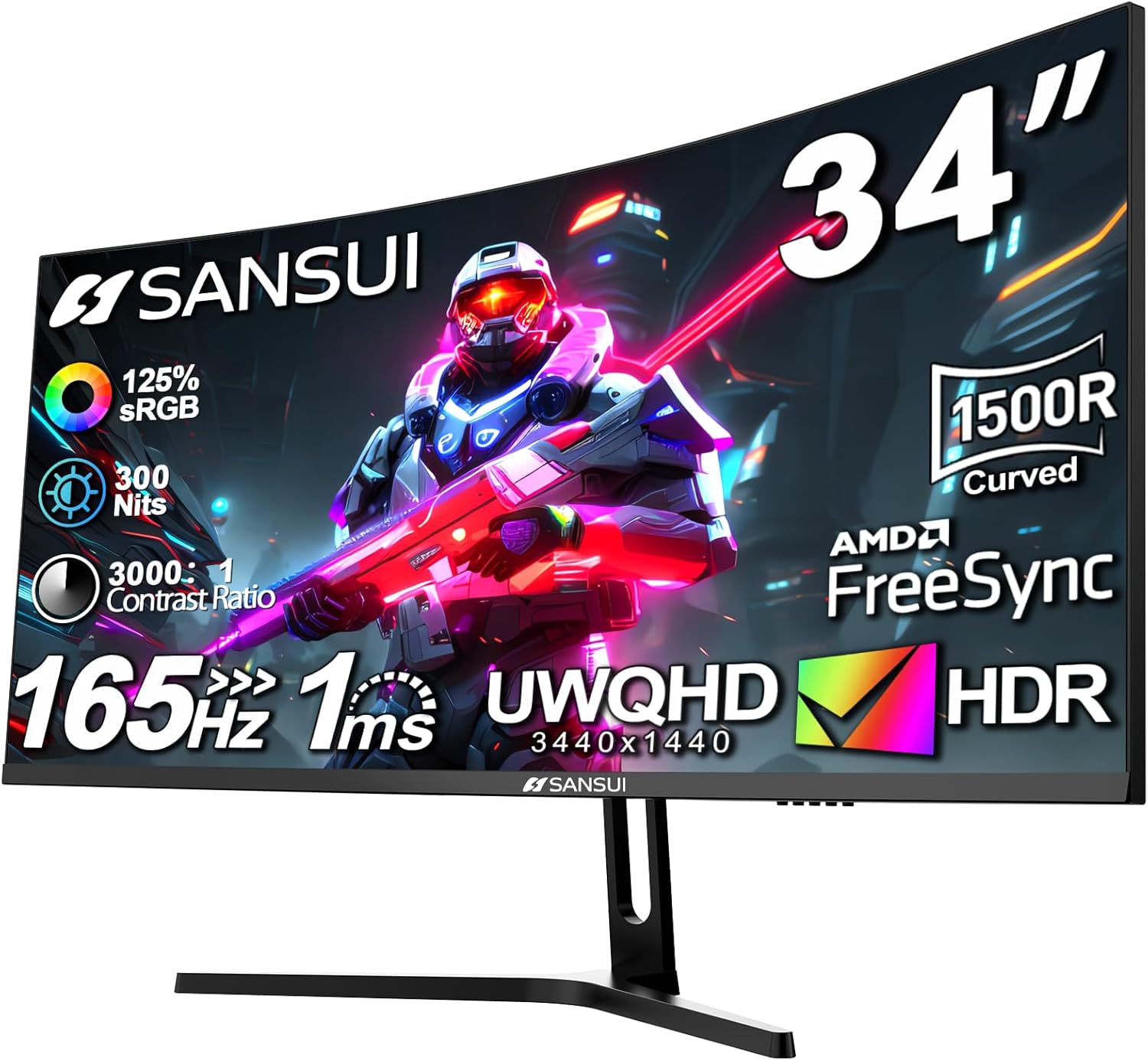 SANSUI 34-Inch Curved Gaming Monitor UWQHD 3440 x 1440 165Hz Curved 1500R - PIP/PBP, 1ms(MPRT), HDR, 300nits, sRGB 125%, DCI-P3 95%,FreeSync,HDMI2.1(TMDS) x2,DP1.4 x2(ES-G34C5 DP Cable Included) 