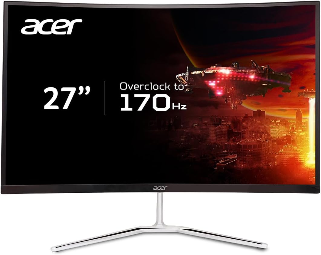 Acer 27" WQHD 2560 x 1440 1500R Curved PC Gaming Monitor | AMD FreeSync Premium | Up to 170Hz Refresh | 1ms VRB | VESA Mount | HDR10 | 1 x Display Port 1.2 & 2 x HDMI 2.0 | EDA270U Pbmiipx | Silver 