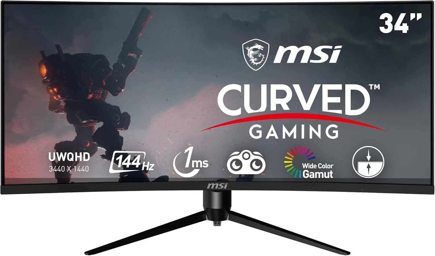 MSI Optix MAG342CQR 1500R Curvature 21:9 Aspect Ratio Narrow Bezel 1ms 3440 x 1440 (UWQHD) 144Hz Refresh Rate Tilt/Swivel/Height/Pivot Adjustment 34" AMD Freesync Gaming Curved Monitor, Black 