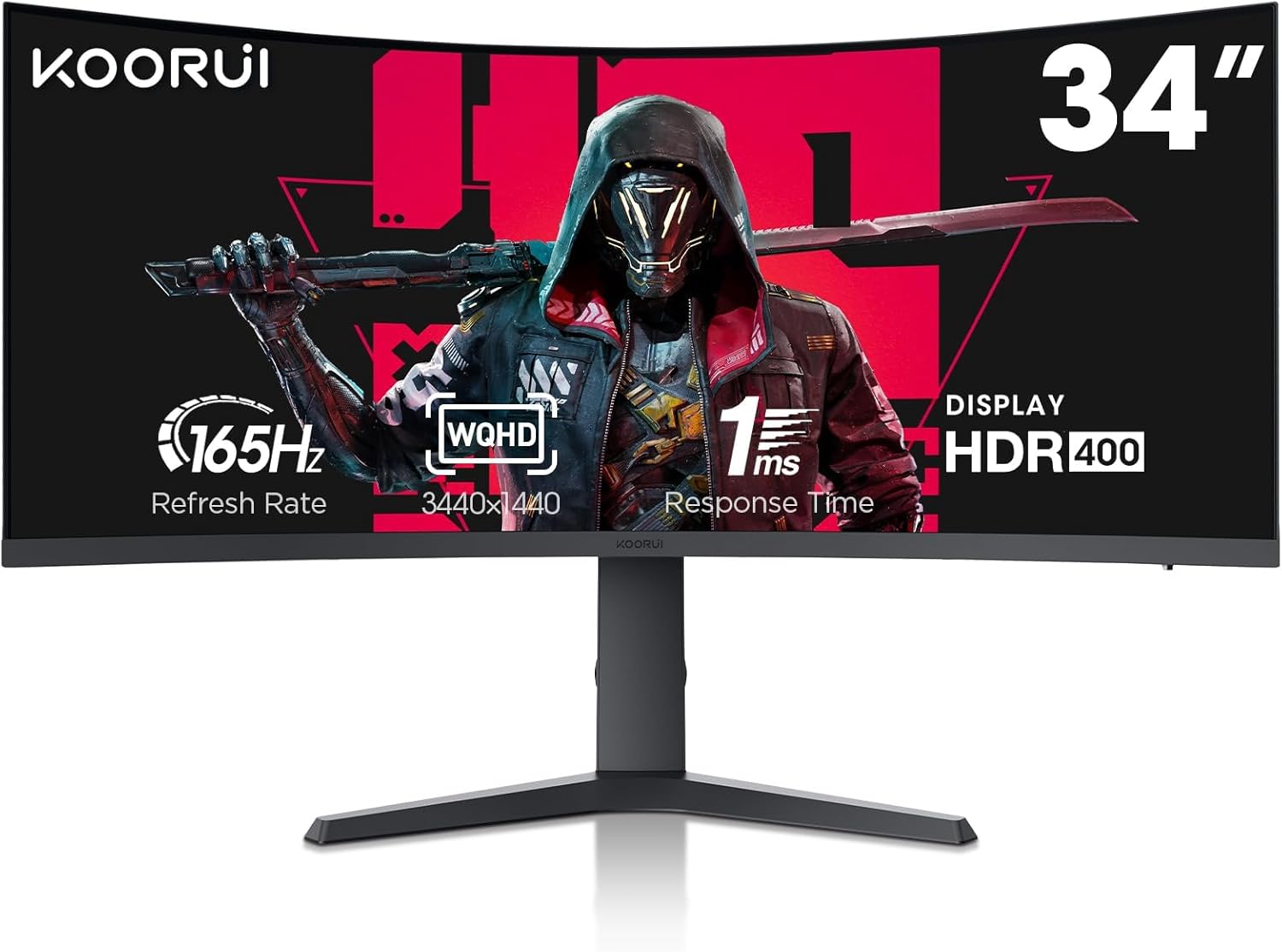 KOORUI 34-inch Ultrawide Curved WQHD 3440×1440 Gaming Monitor, 165Hz 144Hz Curved 1000R- PIP/PBP, 1ms(MPRT) with DisplayHDR 400, DCI-P3 90% Color Gamut, FreeSync Premium, HDMI/DisplayPort, 34E6UC