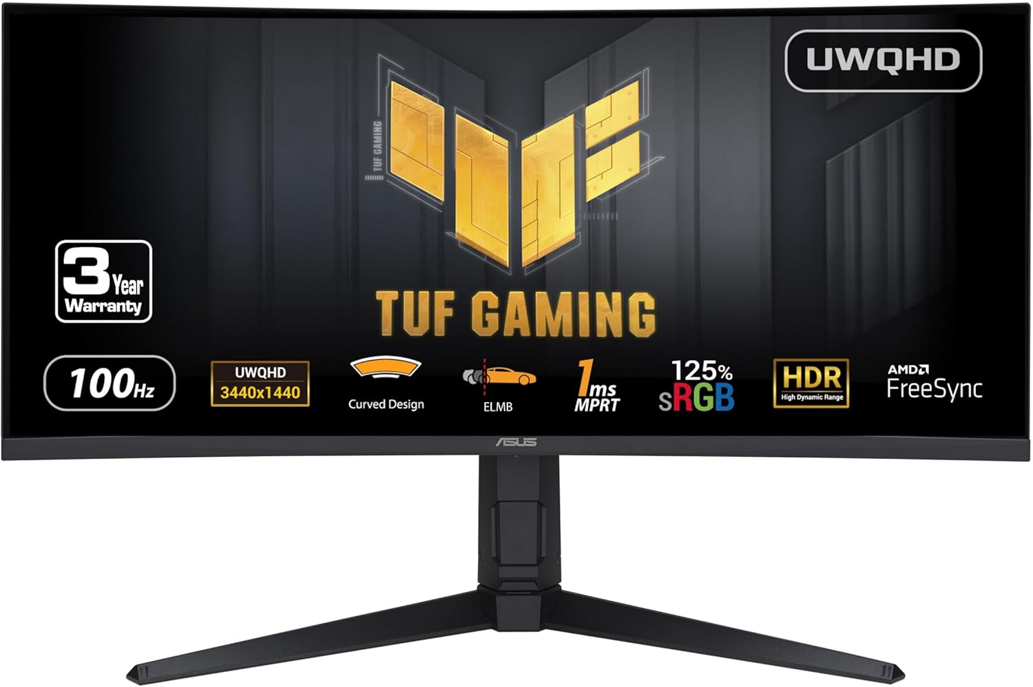 ASUS TUF Gaming 34” Ultra-Wide Curved HDR Monitor (VG34VQEL1A) - 21:9, UWQHD (3440 x 1440), 100Hz, Extreme Low Motion Blur, FreeSync, 1ms, DisplayPort, HDMI, USB, Tripod Socket, Height Adjustable