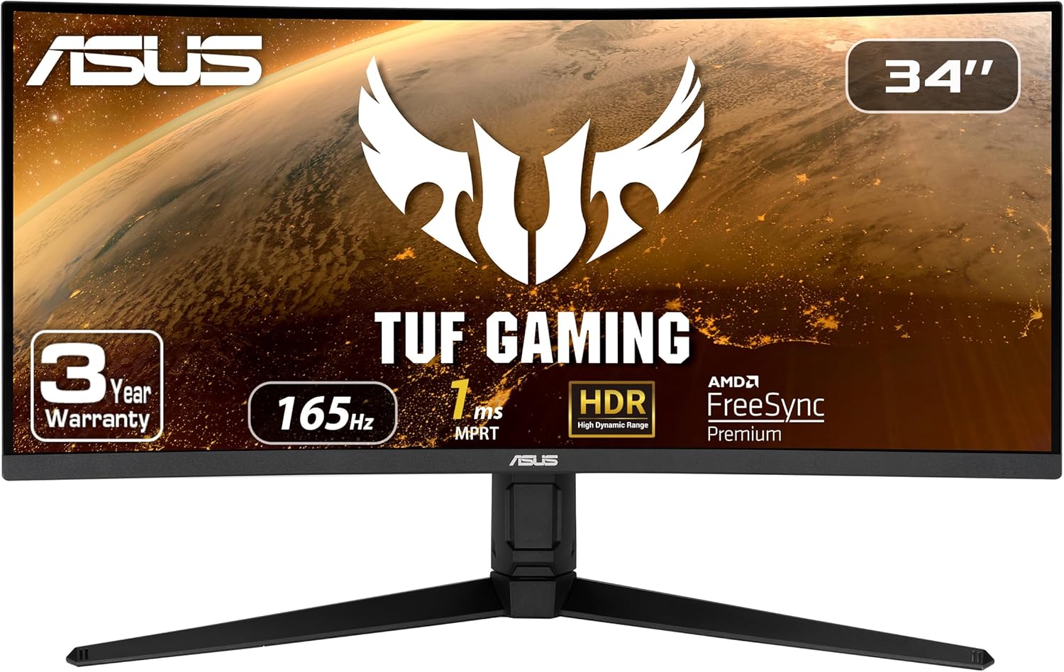 ASUS TUF 34 Inch Curved Gaming Monitor - WQHD (3440x1440), 165Hz, 1ms, Extreme Low Motion Blur, FreeSync Premium, Eye Care, Height Adjustable, DisplayHDR 400, DisplayPort, HDMI, USB - VG34VQL1B 