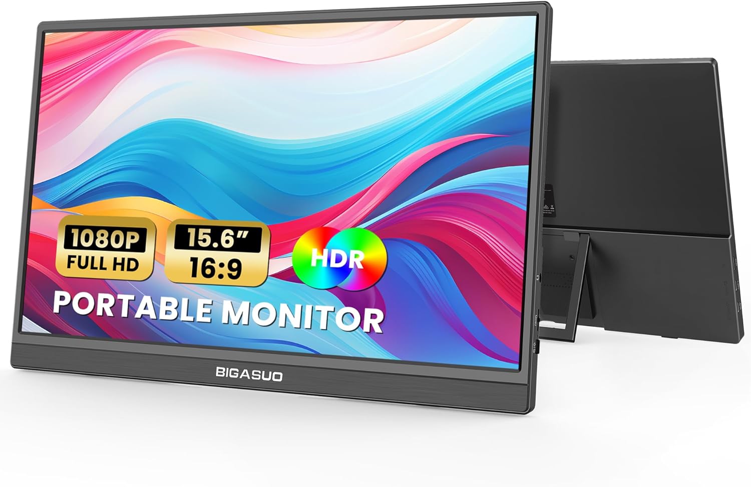 BIGASUO Portable Monitor, 15.6'' FHD 1080P USB-C HDMI Travel Laptop Monitor, HDR IPS Ultra-Slim Gaming Monitor with Kickstand & Speakers, External Monitor for Laptop PC MAC Phone PS4/5 Xbox Switch