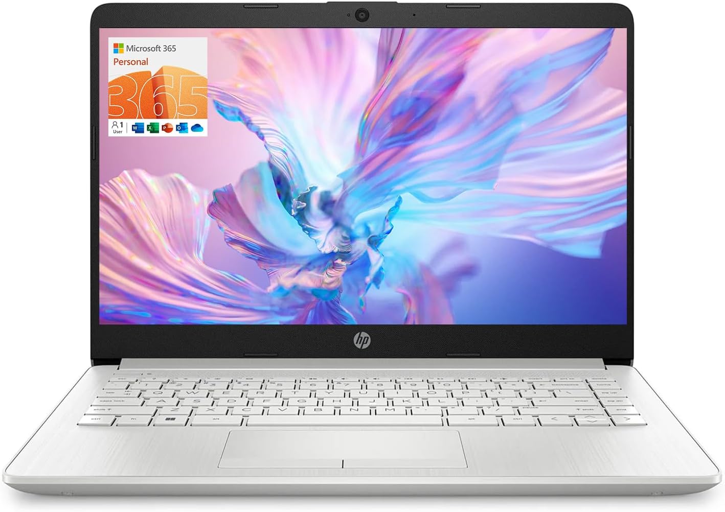 HP Portable Laptop, Student and Business, 14" HD Display, Intel Quad-Core N4120, 8GB DDR4 RAM, 64GB eMMC, 1 Year Office 365, Webcam, RJ-45, HDMI, Wi-Fi, Windows 11 Home, Silver 