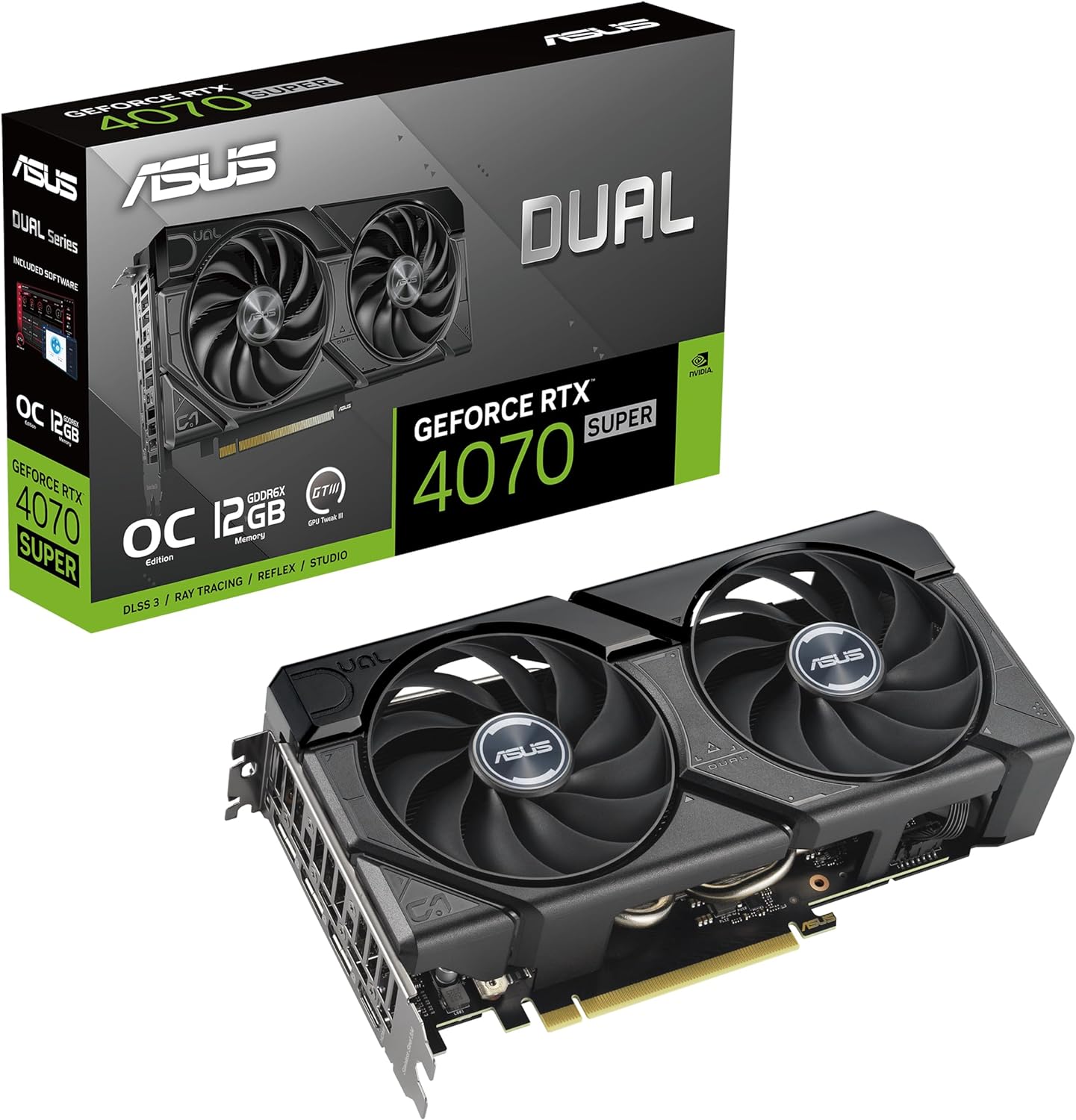 ASUS Dual GeForce RTX™ 4070 Super EVO OC Edition 12GB GDDR6X (PCIe 4.0, 12GB GDDR6X, DLSS 3, HDMI 2.1a, DisplayPort 1.4a, 2.5-Slot Design, Axial-tech Fan Design, 0dB Technology, and More)