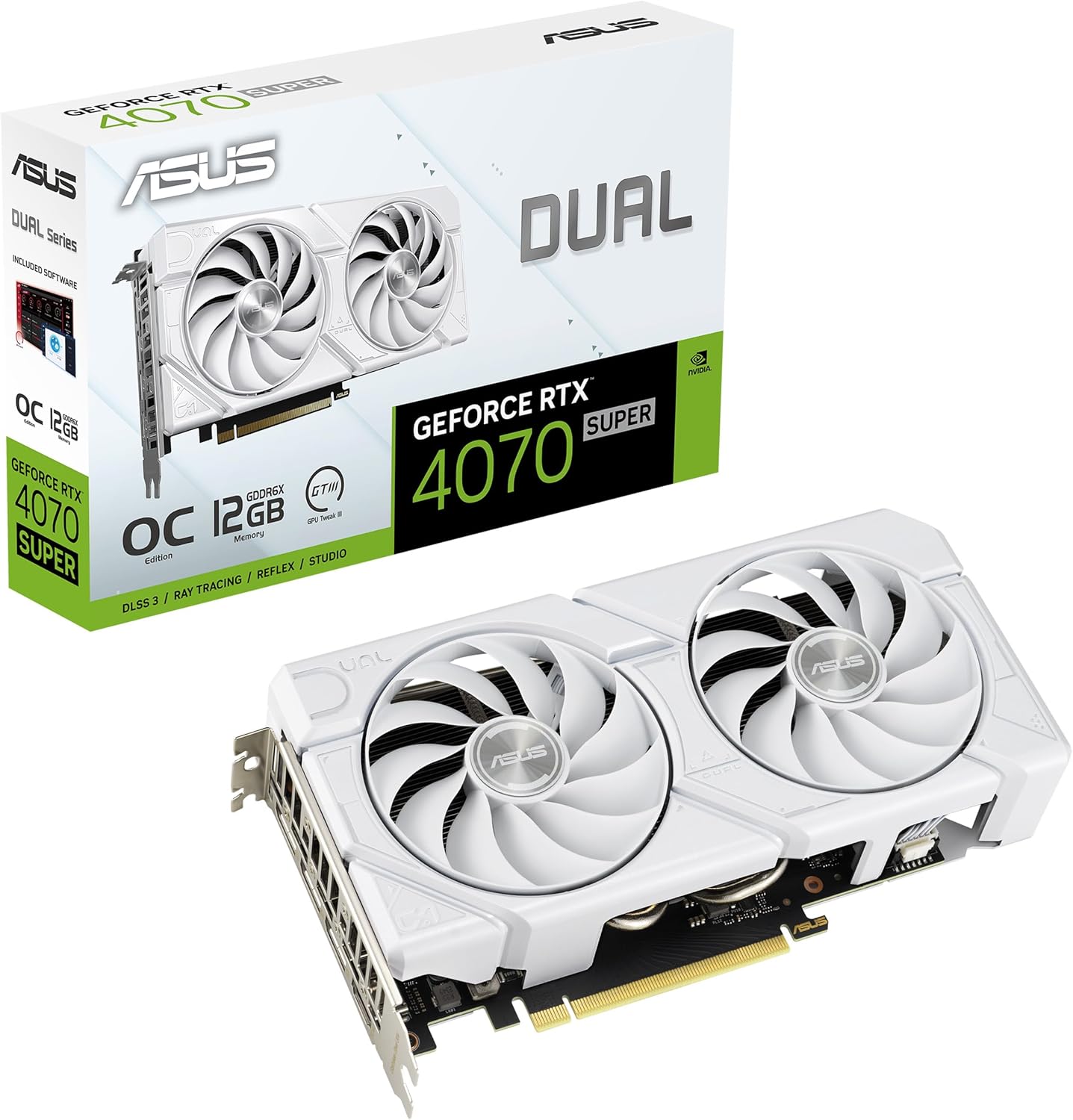 ASUS Dual GeForce RTX™ 4070 Super EVO White OC Edition (PCIe 4.0, 12GB GDDR6X, DLSS 3, HDMI 2.1a, DisplayPort 1.4a, 2.5-Slot Design, Axial-tech Fan Design, Dual BIOS)