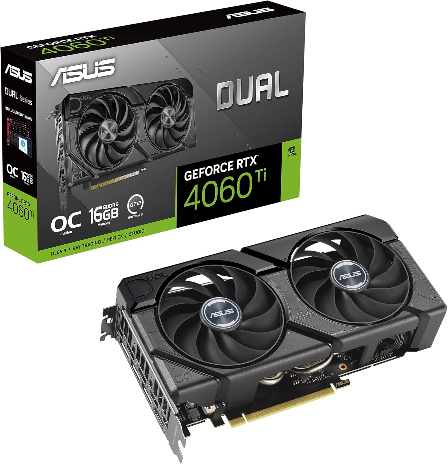 Asus Dual GeForce RTX™ 4060 Ti EVO OC Edition 16GB GDDR6 (PCIe 4.0, 16GB GDDR6, DLSS 3, HDMI 2.1a, DisplayPort 1.4a, 2.5-Slot Design, Axial-tech Fan Design, 0dB Technology, and More)