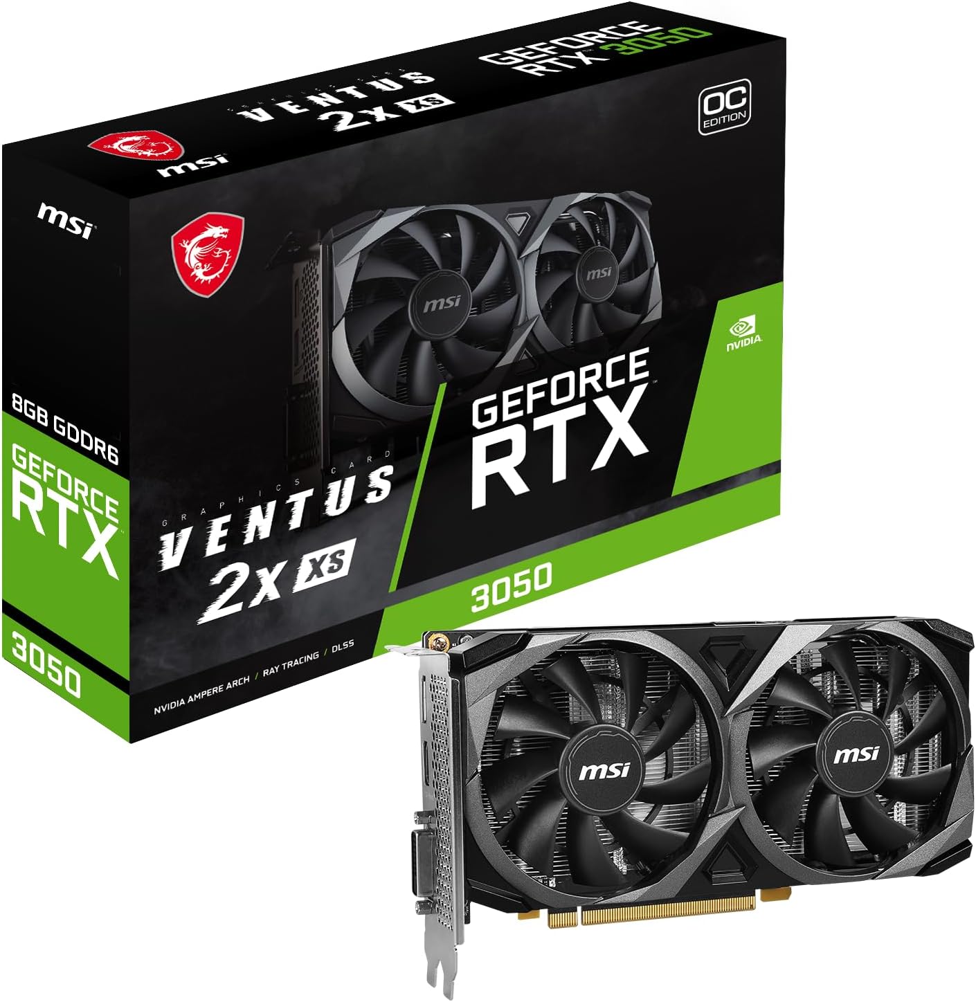 MSI Gaming GeForce RTX 3050 8GB GDRR6 Boost Clock: 1807 MHz 128-Bit HDMI/DP PCIe 4 Torx Twin Fans Ampere OC Graphics Card (RTX 3050 Ventus 2X XS 8G OC)