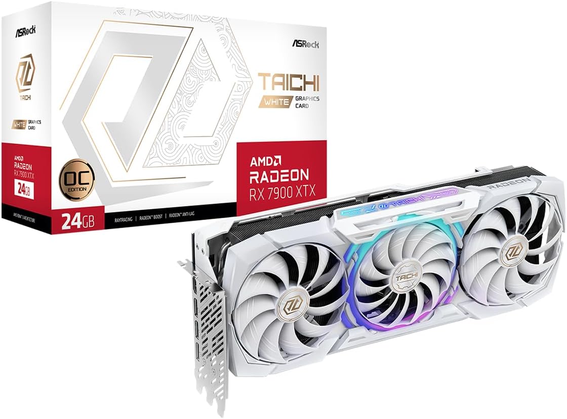 ASRock AMD Radeon RX 7900 XTX Taichi White 24GB OC 20 Gbps GDDR6 384-Bit Dual BIOS 7680 x 4320 110/100/110mm Striped Ring Fans Graphics Card 