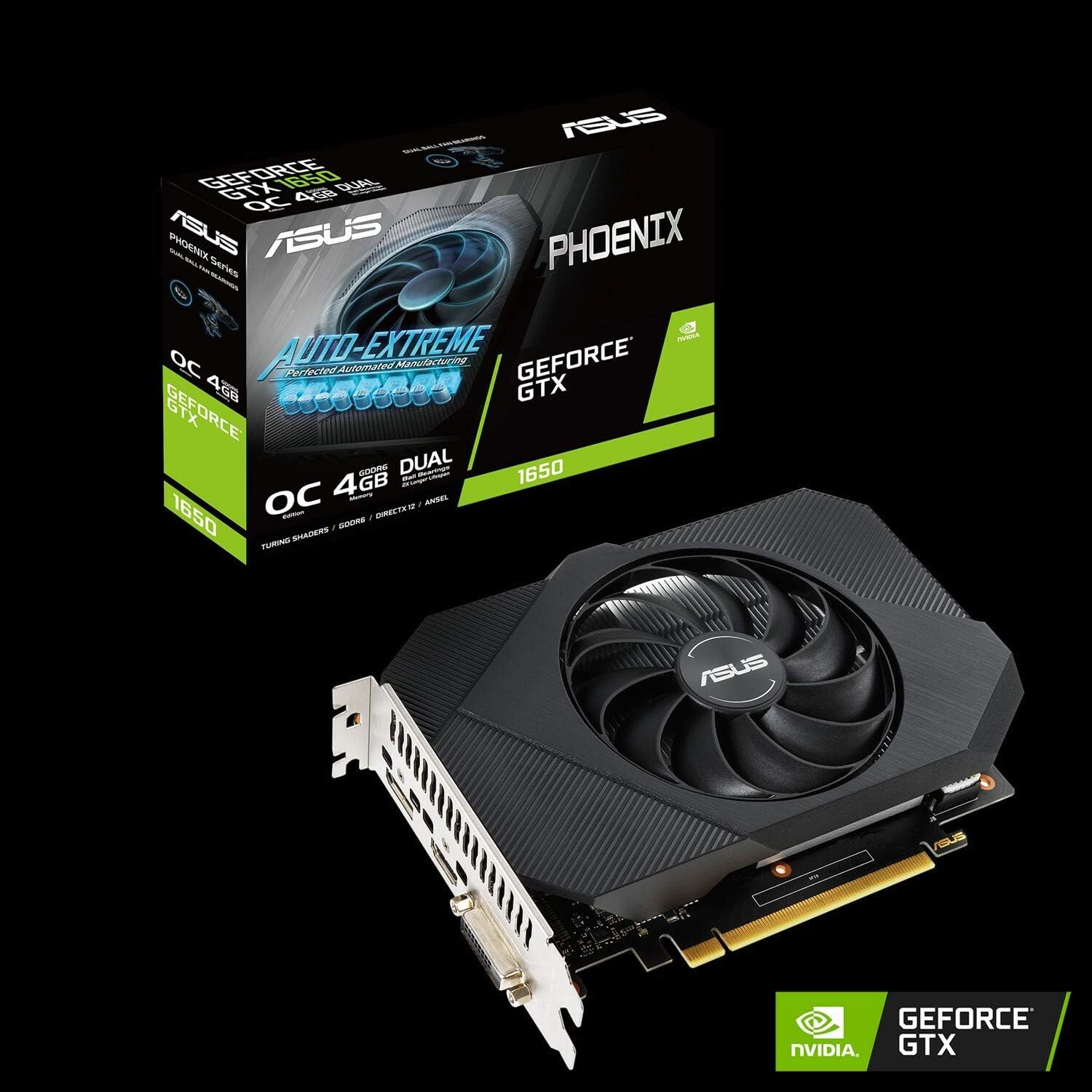 ASUS Phoenix NVIDIA GeForce GTX 1650 OC Edition Gaming Graphics Card (PCIe 3.0, 4GB GDDR6 Memory, HDMI, DisplayPort, DVI-D, 1x 6-pin Power Connector, Axial-tech Fan Design, Dual Ball Fan Bearings)