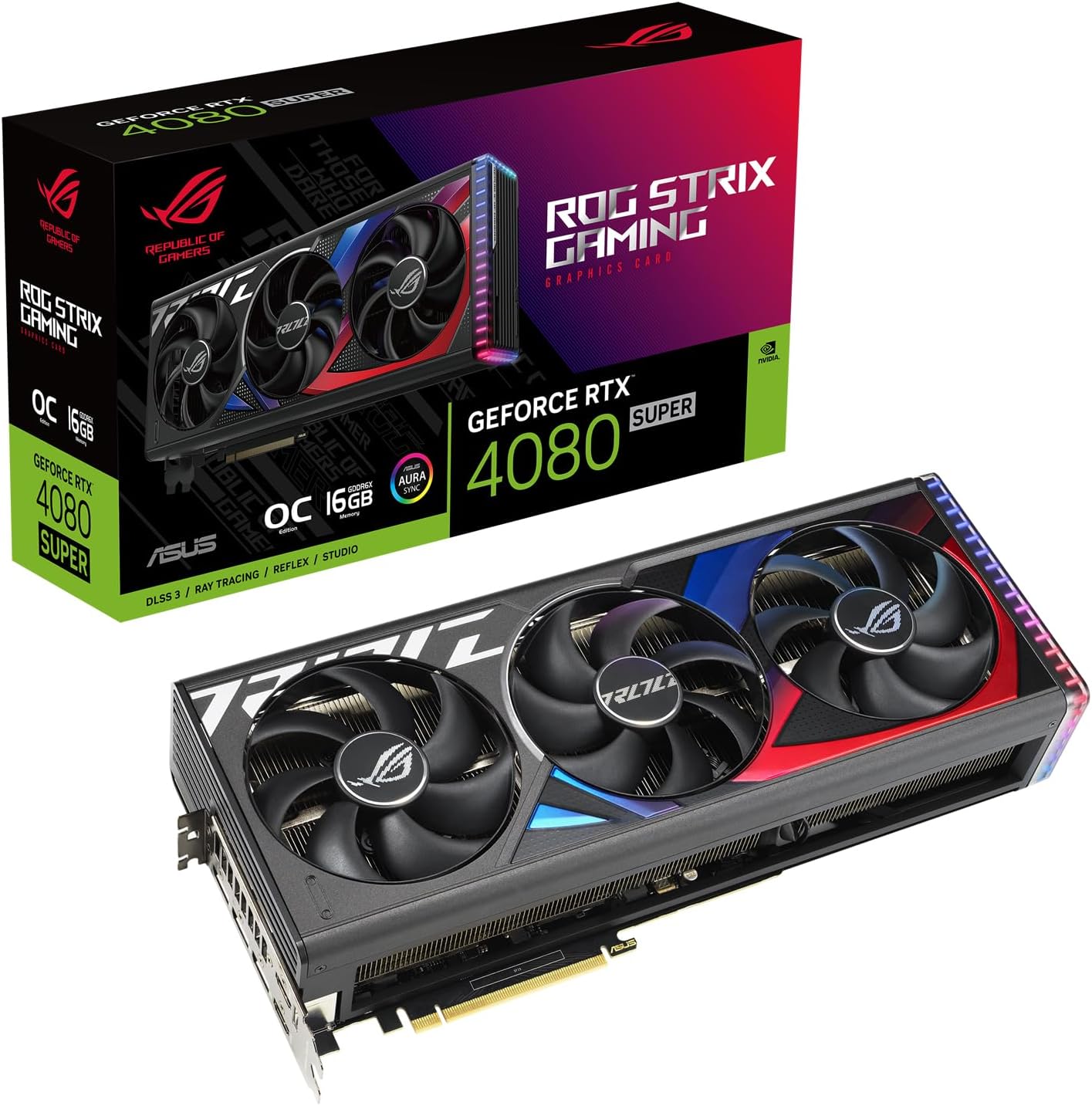 ASUS ROG Strix GeForce RTX 4080 Super OC Edition Gaming Graphics Card (PCIe 4.0, 16GB GDDR6X, DLSS 3, HDMI 2.1a, DP 1.4a, Steam Chamber, Metal Exoskeleton, Power Detection, Aura Sync) 