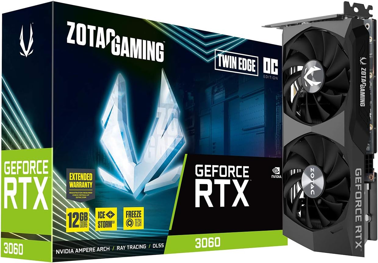 ZOTAC Gaming GeForce RTX 3060 Twin Edge OC 12GB GDDR6 192-bit 15 Gbps PCIE 4.0 Graphics Card, IceStorm 2.0 Cooling, Active Fan Control, Freeze Fan Stop ZT-A30600H-10M 