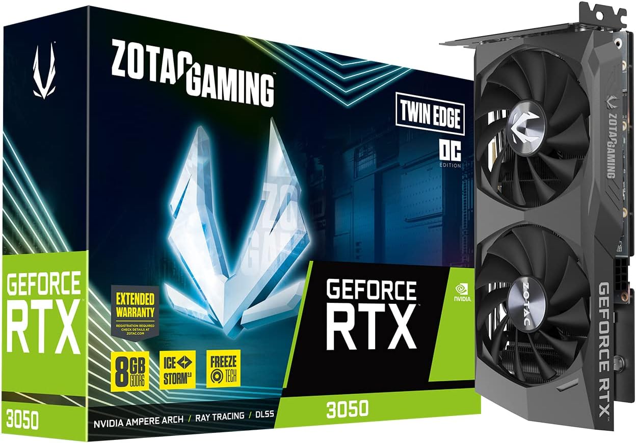 ZOTAC Gaming GeForce RTX 3050 Twin Edge OC 8GB GDDR6 128-bit 14 Gbps PCIE 4.0 Gaming Graphics Card, IceStorm 2.0 Advanced Cooling, Freeze Fan Stop, Active Fan Control, ZT-A30500H-10M