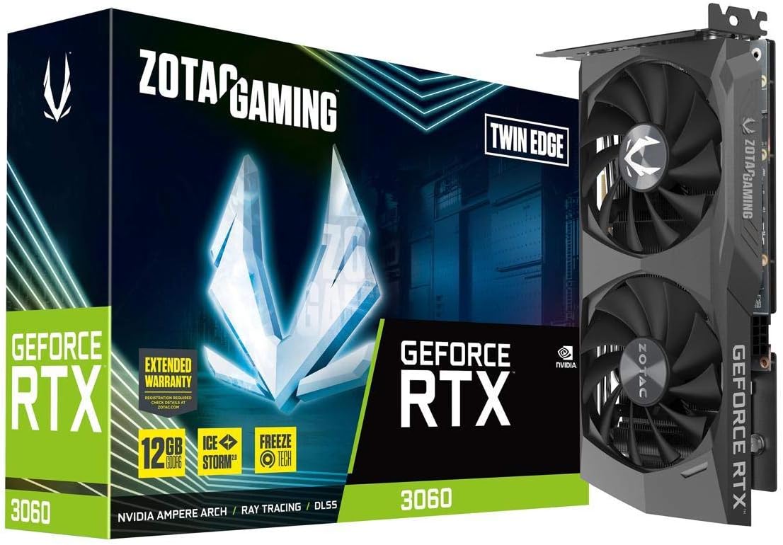 ZOTAC Gaming GeForce RTX 3060 Twin Edge 12GB GDDR6 192-bit 15 Gbps PCIE 4.0 Gaming Graphics Card, IceStorm 2.0 Cooling, Active Fan Control, Freeze Fan Stop, ZT-A30600E-10M