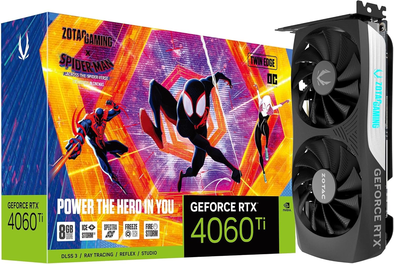 ZOTAC Gaming GeForce RTX 4060 Ti 8GB Twin Edge OC Spider-Man: Across The Spider-Verse Inspired Graphics Card Bundle, ZT-D40610H-10SMP