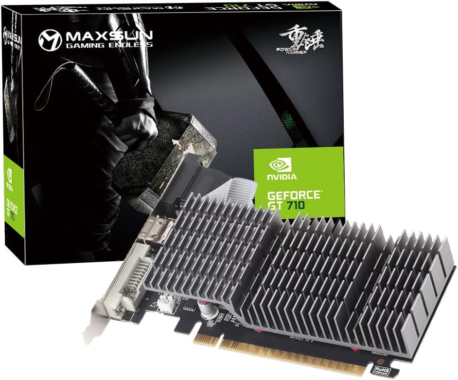 maxsun GEFORCE GT 710 1GB Low Profile Ready Small Form Factor Video Graphics Card GPU Support DirectX12 OpenGL4.5, Low Consumption, VGA, DVI-D, HDMI, HDCP, Silent Passive Fanless Cooling System