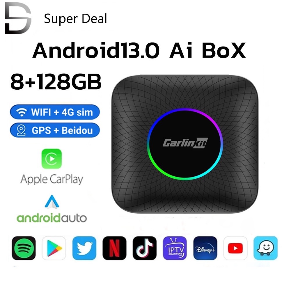 Carlinkit CarPlay Ai Box กล่องทีวีไร้สาย Android 13 8+128GB QCM 8-Core 6225 Android Auto YouTube Netflix อุปกรณ์เสริมรถ