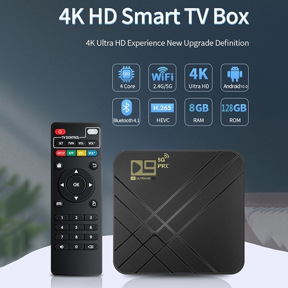 กล่องแอนดรอยด์ทีวี D9 PRO(5G)4k Android TV Box 8GB 128G HD 3D 2.4G WiFi Google Play Youtube Media Player