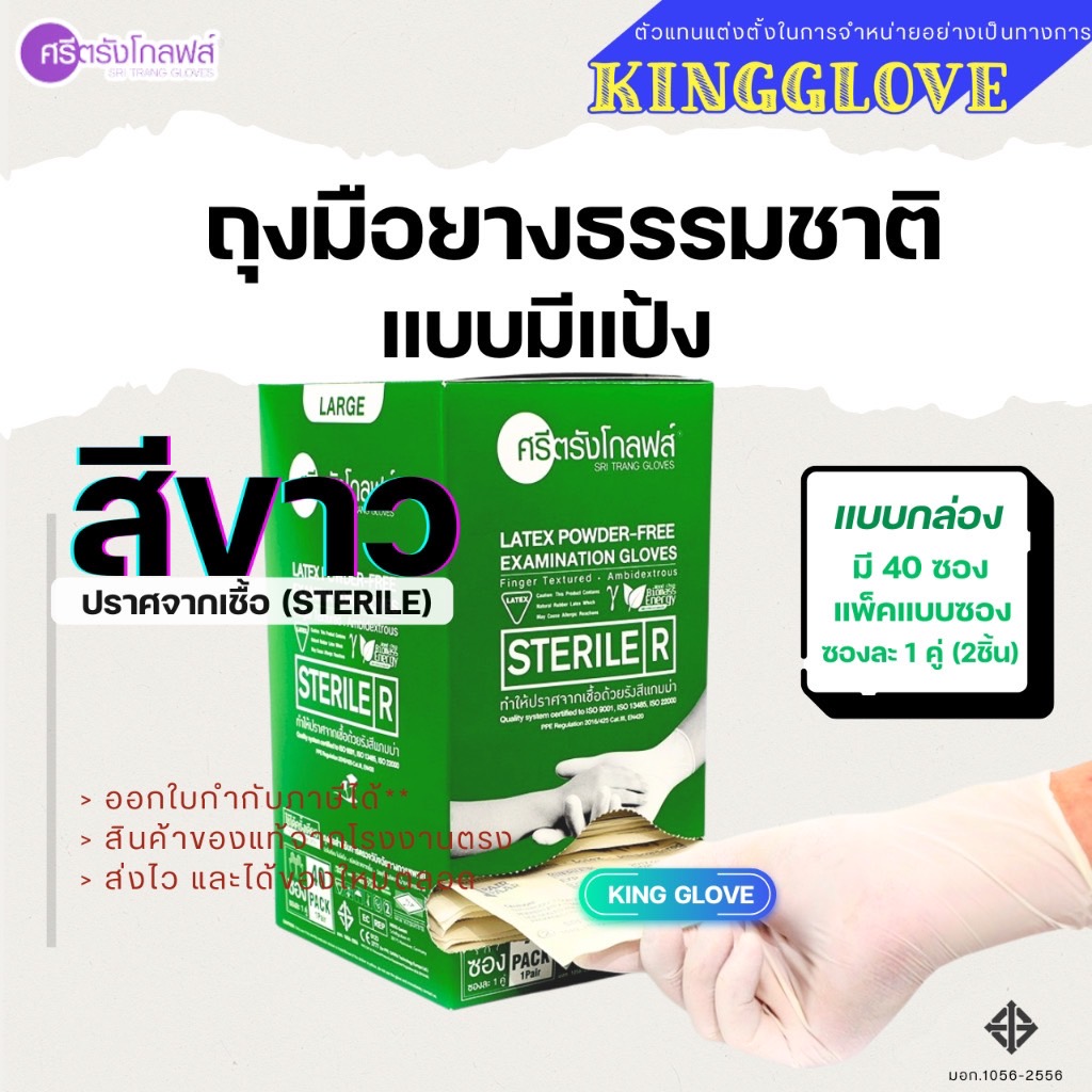 ศรีตรังโกลฟส์ ถุงมือยาง ธรรมชาติ ปลอดเชื้อ (Sterile) ไม่มีแป้ง (กล่องสีเขียว) [1 กล่อง/40คู่]