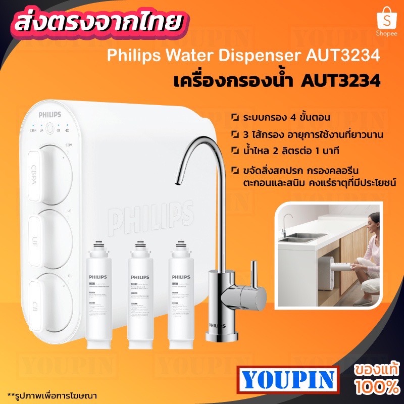 Philips AUT3234 เครื่องกรองน้ำ ชุดเครื่องกรองน้ํา ระบบกรอง 4 ขั้นตอน ใต้อ่างล้างจาน