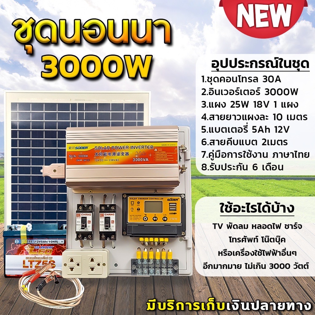 ชุดนอนนา 3000W แผง25w แบตเตอรี่ ชุดคอนโทรลเลอร์ชาร์จเจอร์ โซล่าเซลล์ พลังงานจากแสงอาทิตย์12V/220Vมีเบรคเกอร์ตัดวงจร