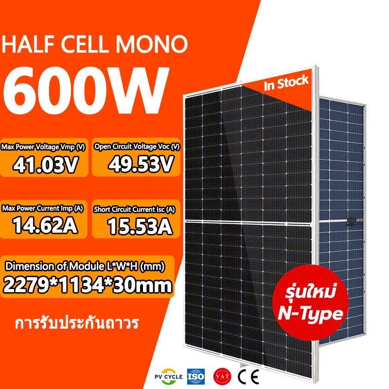 แผงโซล่าเซลล์ 600W Mono Half cell กระจก 2 ด้าน(Bifacial) N-Type Solar Cell Panel