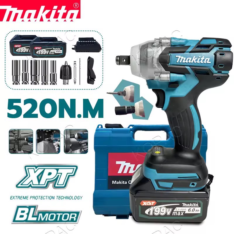 Makita ประแจไฟฟ้าไร้สาย 199V แบต 2 ก้อน Brushless Electric Impact Wrench ประแจไฟฟ้า 2 แบตเตอรี่ลิเธียม 6200rpm 520 N.M ประแจไฟฟ้า Torque For Makita 199V Battery เทคโนโลยี ไร้แปรง