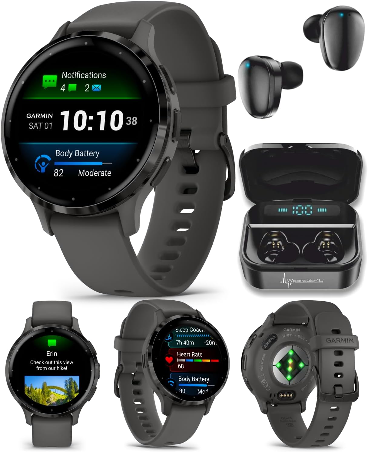 Wearable4U - Garmin Venu 3S GPS Smartwatch AMOLED Display 41mm Watch, Advanced Health and Fitness Features, Up to 10 Days of Battery, Sleep Coach, Pebble Gray with Black Earbuds Bundle