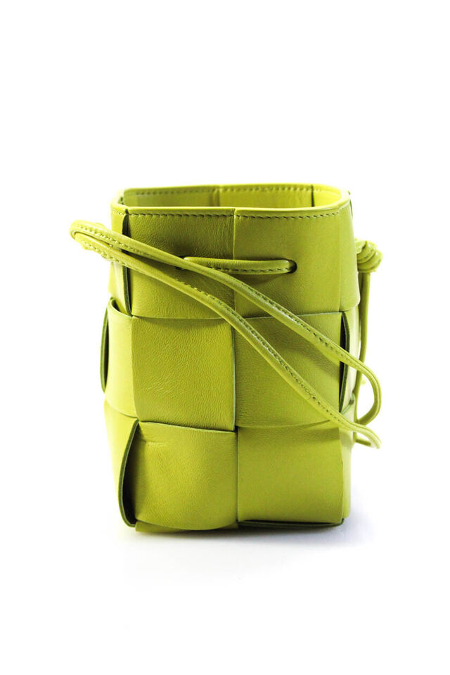 Bottega Veneta Womens Intrecciato Leather Mini Cassette Bucket Handbag Green