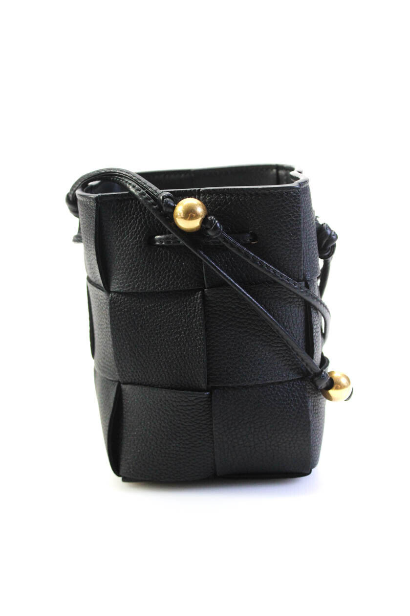 Bottega Veneta Womens Intrecciato Leather Mini Cassette Bucket Handbag Black