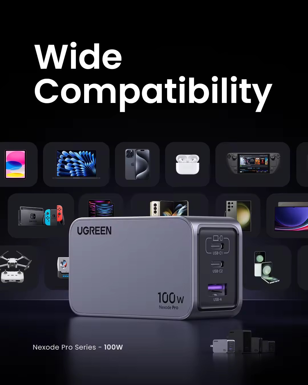 UGREEN Nexode Pro 65-160W 3-Port GaN อะแดปเตอร์ หัวชาร์จ Super Fast Charging 3in1 USB C 2 Port, USB A 1 Port Free สายชาร์จ C to C