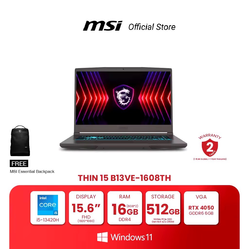 MSI NOTEBOOK THIN 15 B13VE-1608TH | 15.6" FHD | Intel Core i5-13420H | NVIDIA GeForce RTX 4050 | 16GB (8x2) DDR4 | 512GB NVMe PCIe SSD | Windows® 11 Home (โน้ตบุ๊ก) [Pre-Order จัดส่งภายใน7-15วัน]