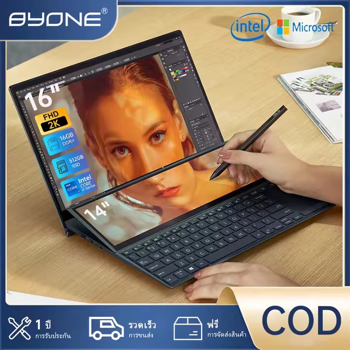 BYONE 16"+14"2K โน๊ตบุ๊ค Intel Core i9-10885H 16GB RAM 512GB 1TB SSD Laptop Computer Windows 11 Pro 5.0GHz For เกม สำนักงาน การศึกษา