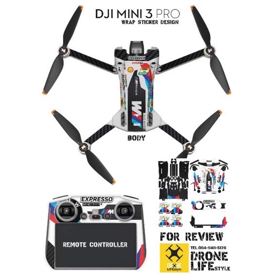 สติ๊กเกอร์โดรนกันรอย DJI mini 3 pro  : 3M เกรด AAA (Full body,Remote,battery),