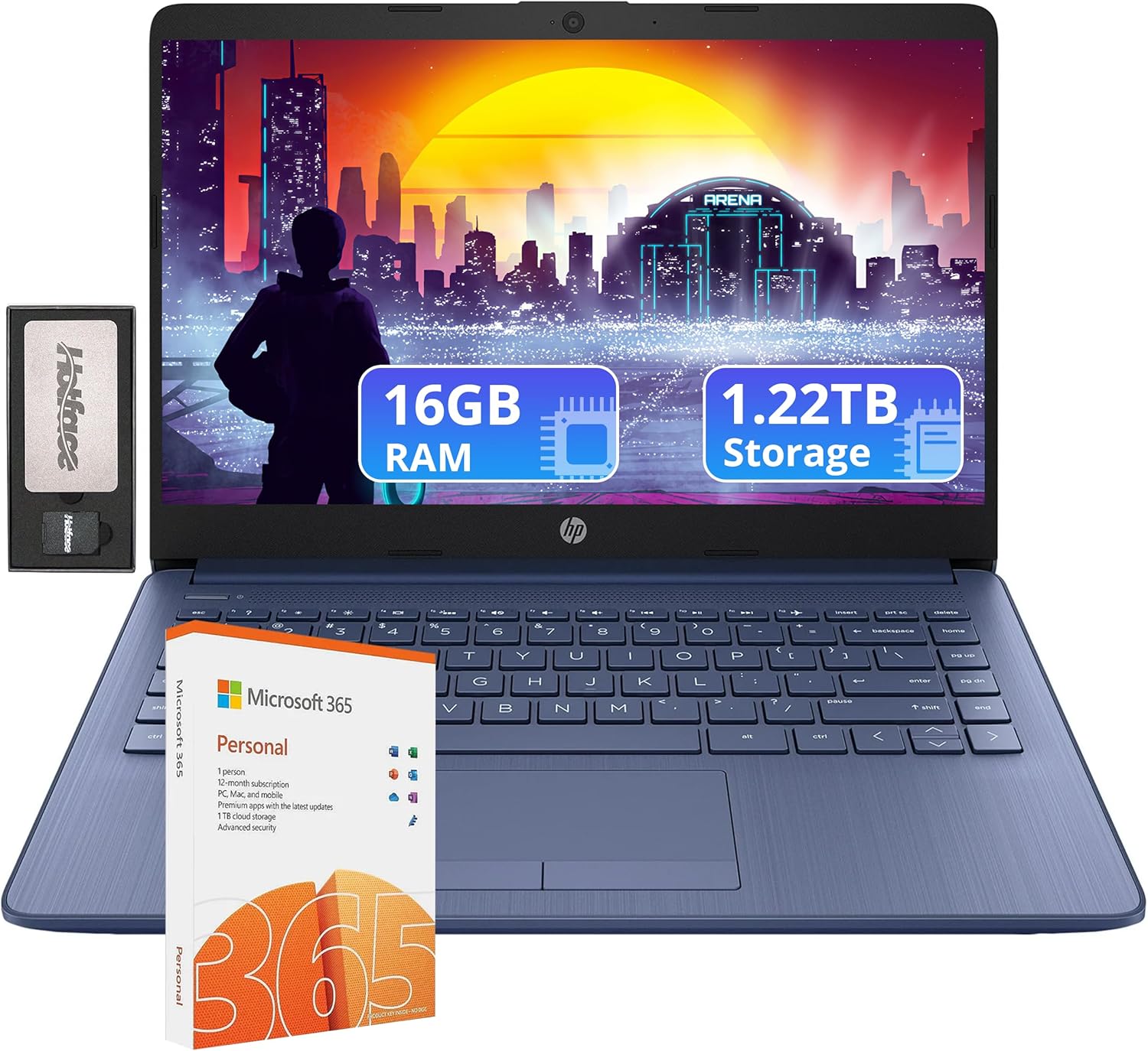 HP Flagship 14" HD Laptop with 1 Year Office 365 | 16GB RAM | 1.22TB Storage(64GB EMMC & 160GB Docking Station Set & 1TB Cloud Storage) | Intel 4-Core Processor | Webcam | Win 11s | Blue