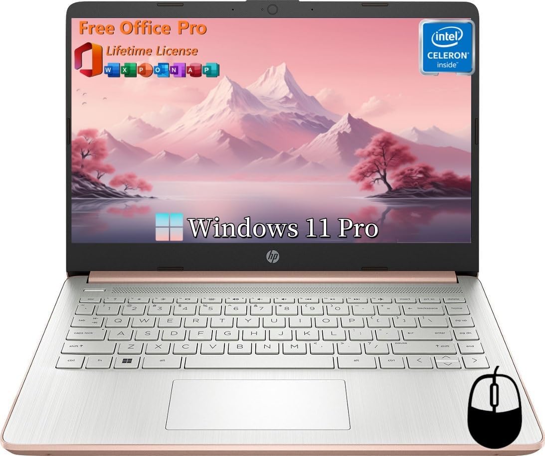 HP 14" Ultral Light Laptops, Intel Celeron N4120, 16GB RAM, 384GB Storage(128GB eMMC+256GB Micro SD), with Office Lifetime License & Windows 11 Pro, Long Battery Life, Wi-Fi, MicroSD, HDMI, Rose Gold