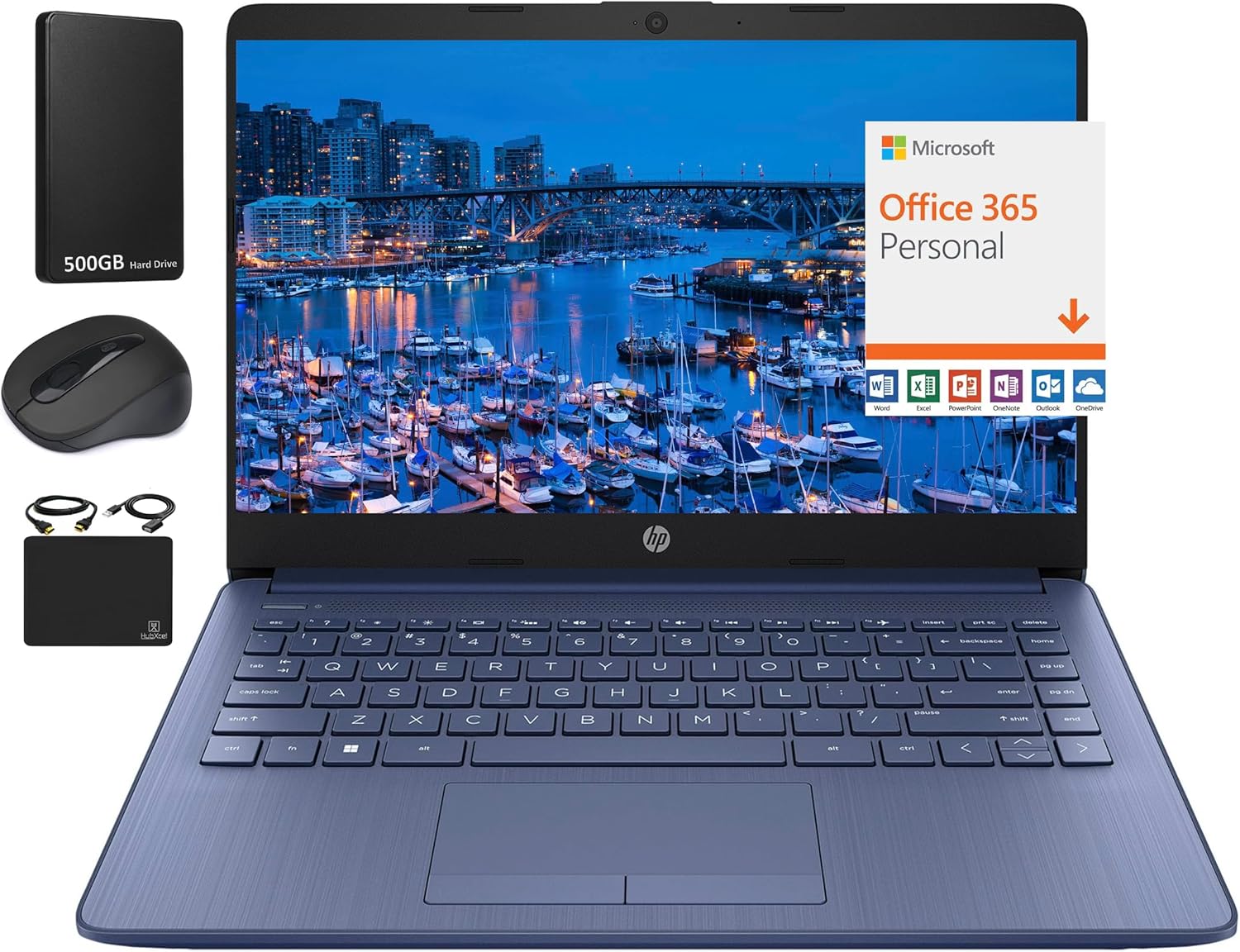HP New 14" HD Ultra Light Thin Laptop, Quad-Core Intel Celeron Processor, 16GB RAM, 564GB (64GB eMMC+ 500GB Ext Driver), Upto 11 Hours, Windows 11 S + 1 Year Office 365+HubxcelAccessory, Royal Blue 