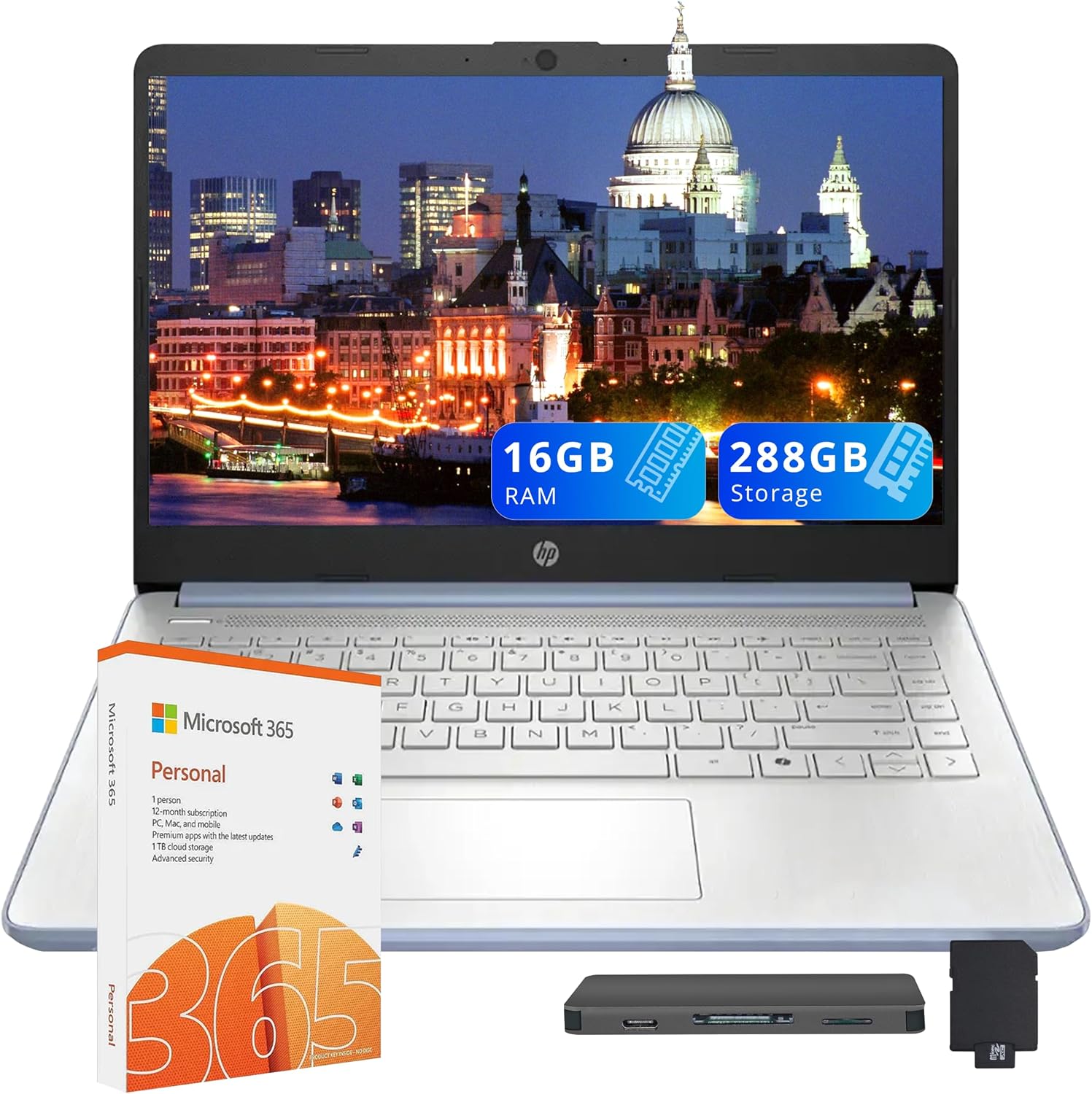 HP Flagship 14" HD Student&Business Laptop, Intel N150 CPU(Beats i3-1115G4), 16GB RAM, 288GB Storage (128GB UFS + 160GB Docking Set), W/1 Year Office 365&AI-Copilot, Webcam, Bluetooth, Win 11s, Blue