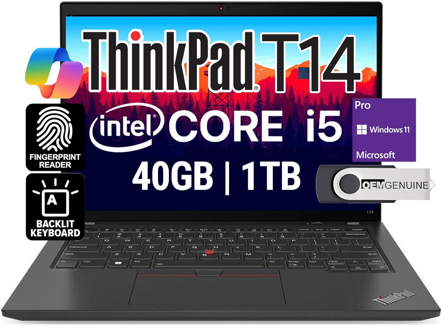 Lenovo ThinkPad T14 Business Laptop (14" FHD+ IPS, Intel 10 Core i5-1335U,40GB RAM, 1TB SSD) 5MP Webcam, 2 Thunderbolt 4, 2024 AI PC, Win 11 Pro w/USB Drive