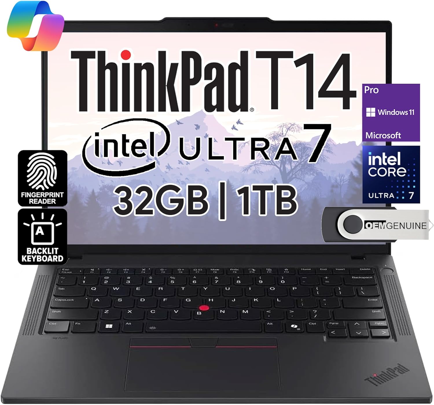 Lenovo ThinkPad T14 Business Laptop (14" FHD+ IPS, Intel Ultra 7 155U, 32GB DDR5 RAM, 1TB SSD), 5MP Webcam, 2 Thunderbolt 4, 2024 AI PC, Win 11 Pro, 3 Yr Wty 