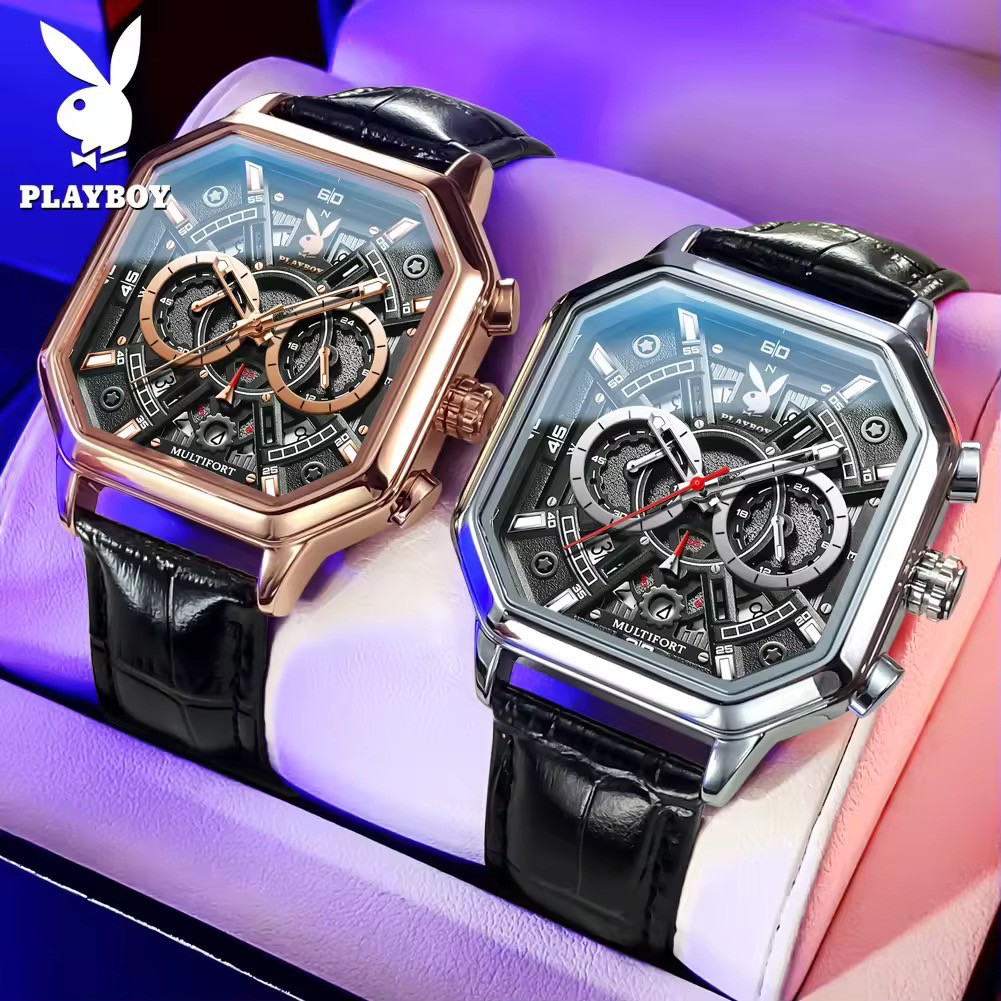 PLAYBOY เพลย์บอยนาฬิกาผู้ชายแท้กีฬาสายหนังกันน้ำ 2024 ใหม่เย็นมัลติฟังก์ชั่ปฏิทินส่องสว่างนาฬิกาควอทซ์นาฬิกาแบรนด์ Men's sports watches