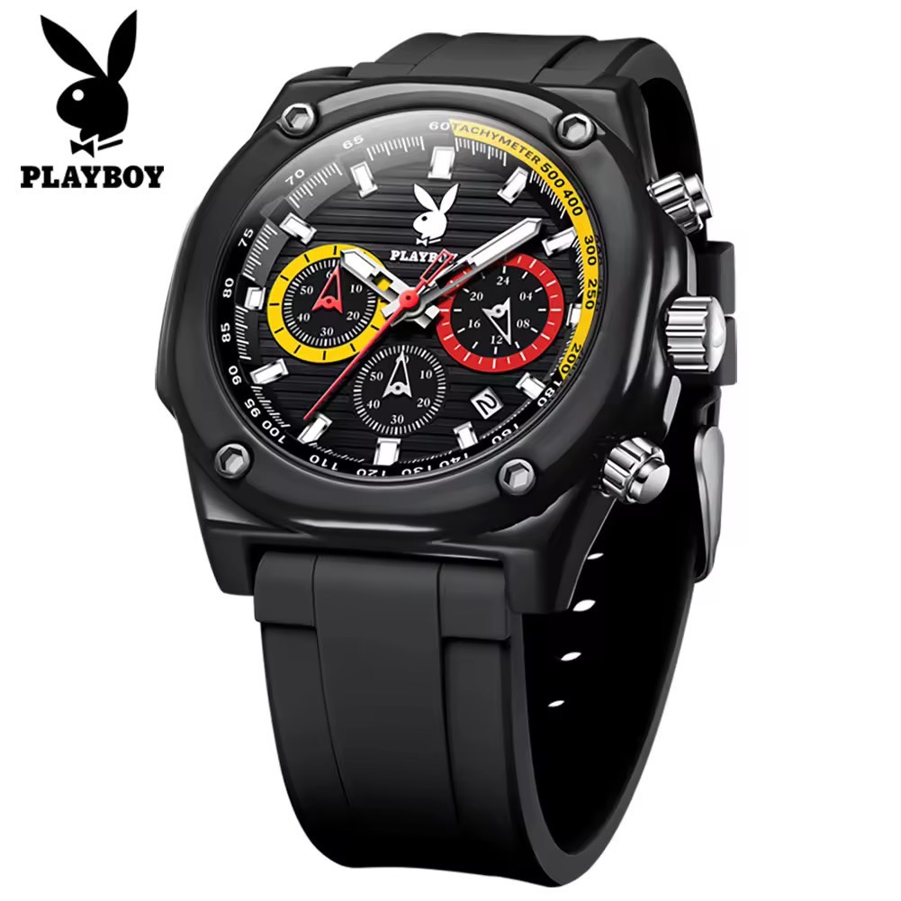 PLAYBOY กีฬา นาฬิกา ผู้ชาย 100% ของแท้ กันน้ำ ใหม่ สายซิลิโคน casual โครโนกราฟ ส่องสว่าง